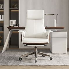 an office chair sitting on top of a rug in front of a desk and bookcase