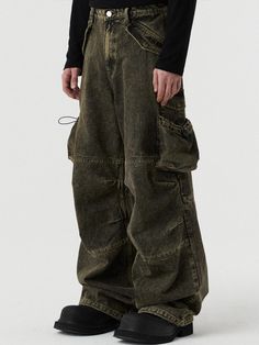 This is a pair of denim pants with black and yellow tone that has a wide silhouette and unique side cargo pockets. With adjustable string on the hem, you can style it in various different ways. Adjustable string on the hemWide silhouetteVoluminous side pockets Woodland Cargo Pants, Funky Clothes Men, Alternative Clothing Men, Fairy Grunge Pants, Burlap Pants, Apocalyptic Fashion Women, Baggy Green Pants, Alt Pants, Pants With Patches