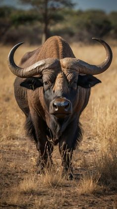 an animal with large horns standing in the middle of a dry grass covered field and looking at the camera