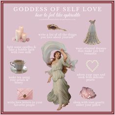 a woman in a dress and accessories with the words goddess of self love