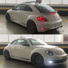 two pictures of a white car in a parking garage, one showing the tail lights and the other showing the brake lights