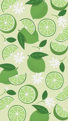 limes with leaves and flowers on a light green background seamless wallpaper pattern