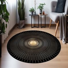 a living room with a round rug on the floor next to a chair and potted plants