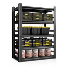 an industrial shelving unit with several bins and containers on the bottom shelf,