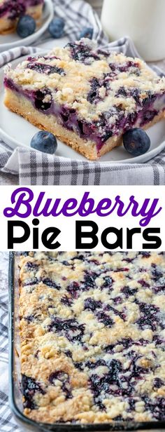 blueberry pie bars on a white plate and in the background is a glass of milk