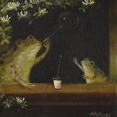 a painting of two frogs sitting at a window sill and one frog is reaching for something in the air