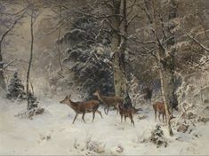 a painting of some deer in the snow