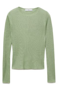 This fine-gauge sweater knit from lustrous yarns is lightweight and perfect for layering up when the weather gets chilly. Crewneck Long sleeves 81% viscose, 19% polyester Hand wash, line dry Imported Casual Green Fine Knit Sweater, Green Cozy Soft Knit Cropped Sweater, Green Soft Knit Cotton Sweater, Ligth Green Sweater, Green Soft Knit Crew Neck Cropped Sweater, Green Crewneck, Pastel Outfit, Pastel Green, Crew Neck Sweater