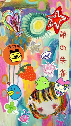 an abstract painting with various stickers and symbols on it's surface, including stars