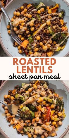 two plates filled with roasted lentils and broccoli on top of each other