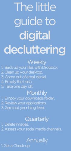 the little guide to digital decluttering is shown in this blue and white poster