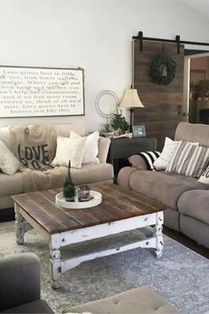 a living room with two couches and a coffee table in the middle of it