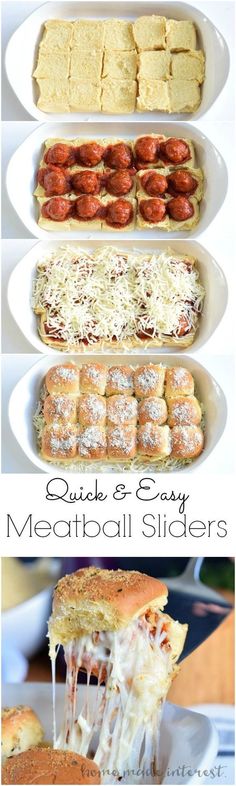 different types of food are shown in this collage with the words quick and easy meatball sliders