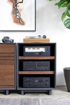 a record player sitting on top of a wooden cabinet next to a potted plant