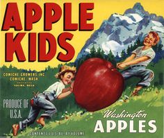 an advertisement for apple kids with two children pushing an apple on the back of it