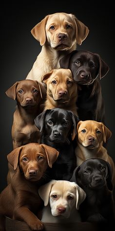 a large group of dogs sitting together in front of a black background with one dog looking at the camera