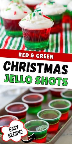 red and green christmas jello shots on a tray with the title text overlay