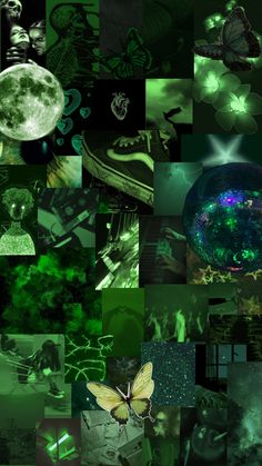 a collage of green images with butterflies and stars in the sky above them is a full moon