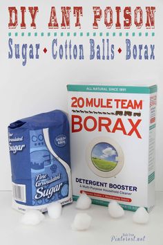 two boxes of sugar, cotton balls and borax next to each other on a table