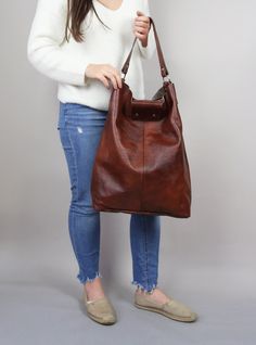 "Oversized bag - large leather tote bag -XXL handbag BROWN LEATHER BAG Height: 46 cm / 18.2\" Width: 43 cm / 17\" Width at the base: 32 cm / 12.6\" Min handle drop: 20 cm / 10.2\" Length of handle: 44 cm / 17.3\" Long strap: max 110 cm / 43.5\" Depth: 13 cm / 5.1\" Large and stylish tote bag made from high quality leather. Spacious interior provides room for all the daily essentials and more. This bag is perfect as your everyday bag, which can fit an IPAD, A4 files, books, magazines, cosmetic ba Large Shoulder Bag With Handles For Errands, Large Brown Shoulder Bag For Errands, Large Satchel Shoulder Bag For Everyday Use, Everyday Large Brown Satchel, Brown Large Satchel For Everyday Use, Large Brown Satchel For Everyday Use, Large Rectangular Leather Bag, Everyday Large Bucket Shoulder Bag, Large Double Handle Hobo Bag For Daily Use