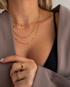 Ella Necklace – JacqMaria Jewelry Triple Necklace Jewelry, Delicate Layered Necklace, Triple Layer Necklace, Jewelry Accessories Ideas, Layer Necklace, Layered Chains, Eye Makeup Tips, Gold Necklace Layered, Layered Jewelry