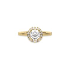 This yellow gold ring features a Round solitaire diamond set in a four-prong setting Fancy Color Diamond Ring, Round Cut Halo Engagement Ring, Round Halo Engagement Rings, Colored Diamond Rings, Halo Necklace, Round Solitaire, Solid Gold Band, Halo Earrings, Halo Earrings Studs