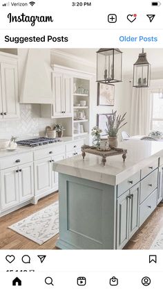 the instagram page shows an image of a kitchen with white cabinets and blue island