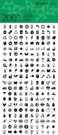 a large collection of black and white icons on a green background with the words 200 ecology icons