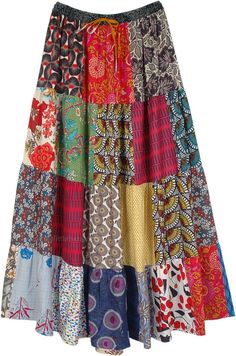 Long Patchwork Skirt, Multicolor Cotton Maxi Skirt With Elastic Waistband, Casual Multicolor Floral Patchwork Skirt, Multicolor Floral Patchwork Maxi Skirt, Multicolor Maxi Skirt With Floral Patchwork, Multicolor Floral Patchwork Tiered Maxi Skirt, Hippie Cotton Patchwork Maxi Skirt, Multicolor Cotton Patchwork Maxi Skirt, Cotton Patchwork Flowy Maxi Skirt