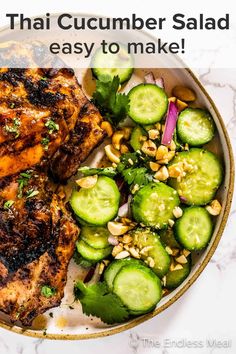 grilled chicken with cucumber salad in a bowl on a marble counter top