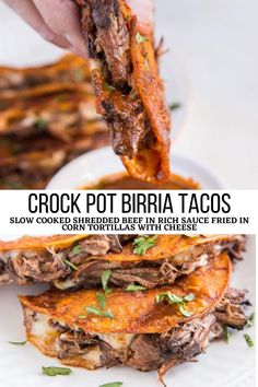 a close up of a plate of food with meat and cheese on it, the text reads crock pot biri tacos slow cooked shredded beef in rich high sauce fried bread