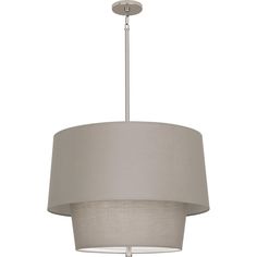 a light fixture with a white shade on the bottom and grey fabric hanging from the ceiling