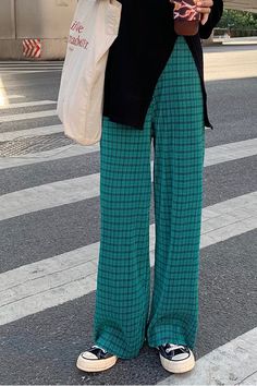 High Waist Green Hip Hop Plaid Pants – Tomscloth Trendy Green Full-length Pants, Trendy Green Full Length Pants, Trendy Full Length Green Pants, Retro Green Pants For Fall, Green Baggy Full-length Pants, Retro Green Full-length Bottoms, Retro Full-length Green Bottoms, Plaid Bell Bottoms, Plaid Pants