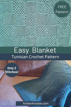 the easy blanket crochet pattern is shown in blue and green