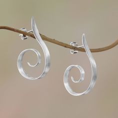 Curling below the ears spiral shapes are handcrafted of sterling silver in this pair of half-hoop earrings from Bali. Desi Antari designs these awe-inspiring earrings which are accentuated by a brushed-satin finish. Silversmith Jewellery, Silver Chandelier Earrings, Silver Jewelry Design, Light My Fire, Jewelry Picture, Earrings Inspiration, Minimal Jewelry, Silver Work, Kefir