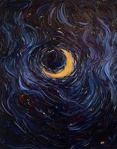 an abstract painting with swirls and stars in the night sky, as well as a yellow moon