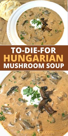 Close-up of Hungarian Mushroom Soup with a dollop of sour cream, sautéed mushrooms, and minced parsley.  Overlay text says Hungarian Mushrooms Soup montanahappy.com Best Mushroom Soup, Hungarian Mushroom, Hungarian Mushroom Soup, Wood Projects To Sell, Bisque Soup, Projects To Sell, Rustic Recipes, Creamy Mushroom Soup, Mushroom Soup Recipes