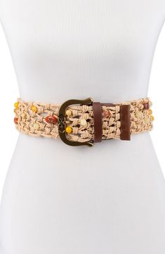 Add a flourishing touch to any look with this ornate belt knotted from raffia straw and embellished with multicolored beads and smooth leather trim. Raffia straw with leather trim Imported Adjustable Belts For Summer Vacation, Adjustable Summer Vacation Belt, Casual Woven Belts For Spring, Casual Beige Belts For Vacation, Embroidered Belt For Summer Beach, Adjustable Woven Belt For Summer, Beige Woven Belts For Spring, Beige Woven Belt For Vacation, Chic Woven Belts For Beach