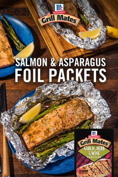 grilled salmon and asparagus foil packets are on the cover of grill mates magazine