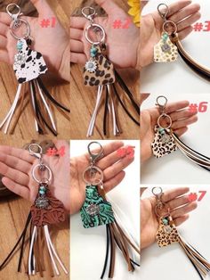 four different styles of key chains with leopard print and tassels on each one