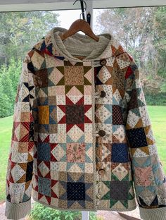 I made this quiled jacket using Patchwork and Poodles “Patchwork Chore Coat” pattern. It was lots of fun to make and wear. Jacket Collar Types, Quilted Tops For Women, Quilt Cardigan, Quilted Coats For Women, Quilted Cardigan, Sewing Fall Clothes, Rachel Nachmias, Quilted Patchwork Jacket, Quilted Jean Jacket