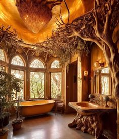 a bathroom with an orange bathtub and tree branches on the ceiling