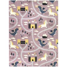 a purple rug with unicorns and castles on it