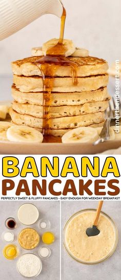 pancakes with syrup being poured onto them and then topped with banana slices on the side