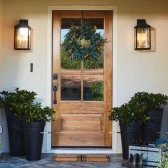 two potted plants sit on the front steps of a house with an entry door