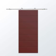 a brown sliding door with metal bars on the top and bottom, in front of a white wall