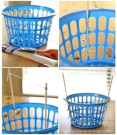 four pictures showing how to make a laundry basket with clothes pins and pegs in it