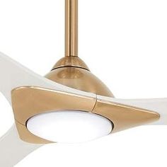 a gold and white ceiling fan with two lights on each side, one light is dimming the other