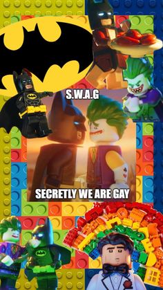 the lego movie poster with batman and jokers in different poses, including one that says swag secretly we are gay