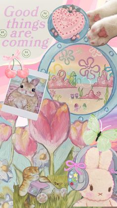 a collage with an image of a cat and flowers in the center, surrounded by other images